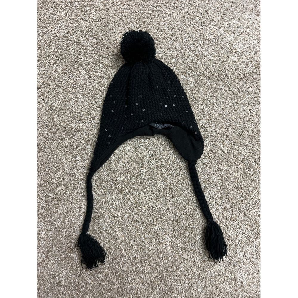Harley-Davidson Womens Black Sequin Knit Earflap Beanie Pom Pom Fleece Lined Hat